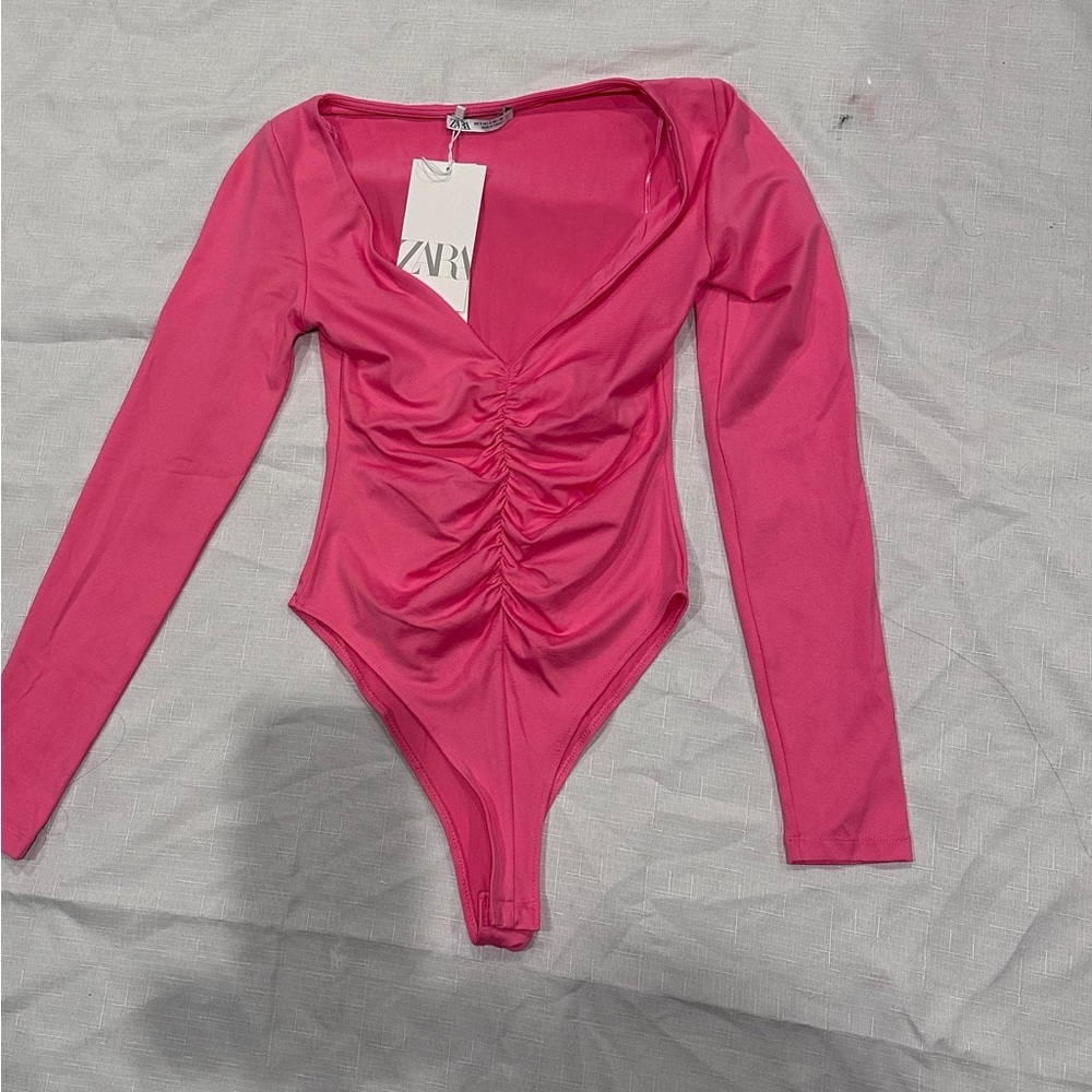 Zara Pink Bodysuit with Plunging V-Neckline and Ruching